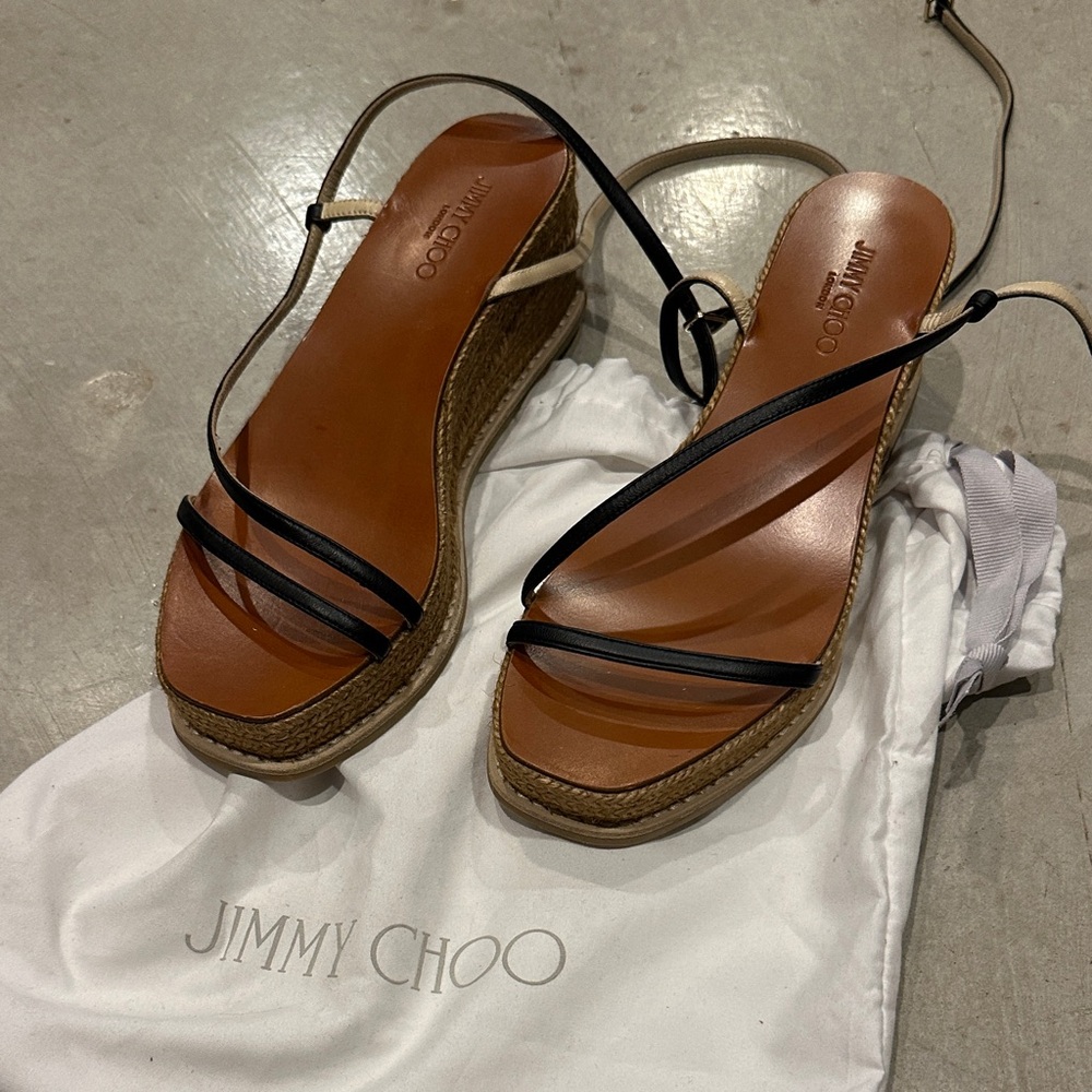 Jimmy Choo Black and Cream Wedge Sandals